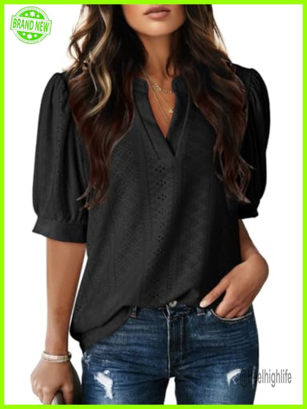 Womens V Neck Puff Short Sleeve Blouse Loose Fit Business Casual Top